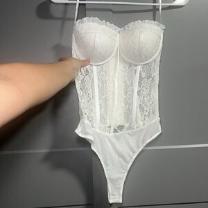 Lulus Women Strapless Sheer Lace Bodysuit Corset Lingerie White Size Small